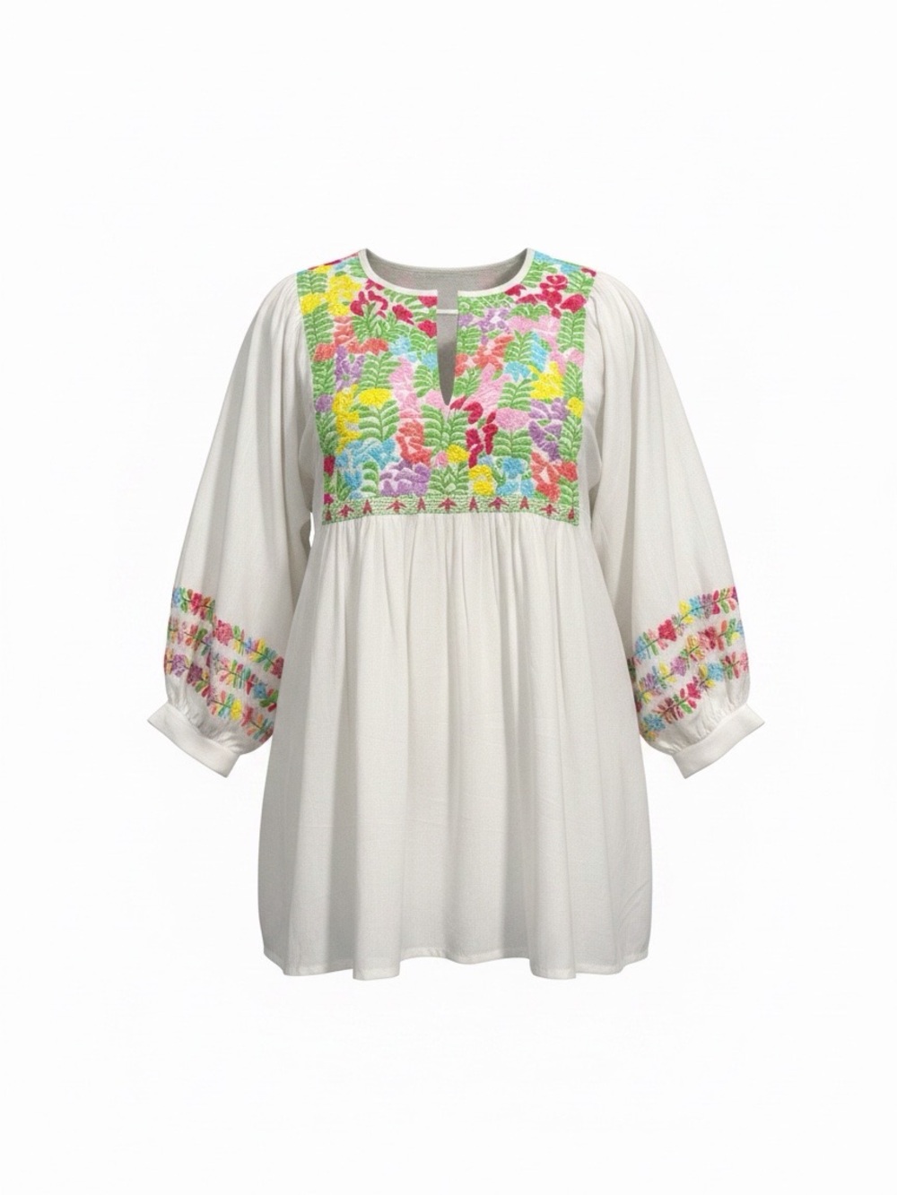 J. Marie Embroidered Floral White Blouse Medium Balloon Sleeve Boho